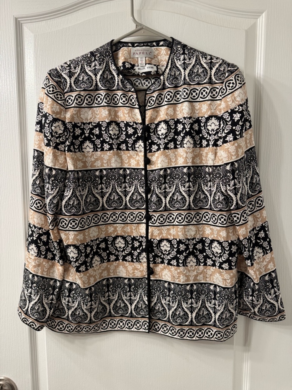 Adrianna Papell 100% Silk Vintage Black and Beige Floral-Print Silk Blouse